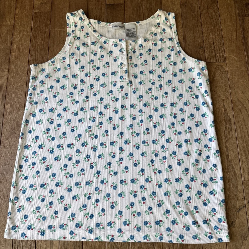 Cabin Creek‎ Vintage Floral Tank Top Large White Blue Cottagecore USA